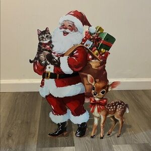 NWT-23x19- Metal Santa, Cat & Deer Holiday Leaner Decoration w/ Easel Stand Back